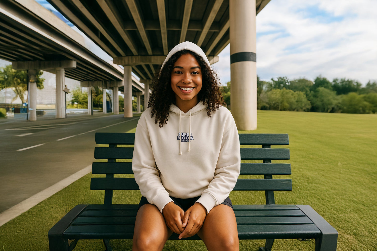 Frau modelt Superbloom Hoodie auf Parkbank unter hoher Brücke